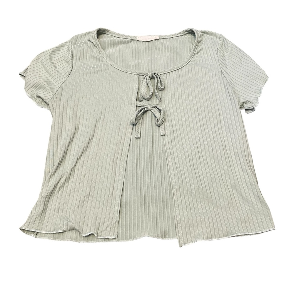 Forever Rise Ribbed Tie-Front Scoop Neck Top - Light Sage Color Size Large EUC